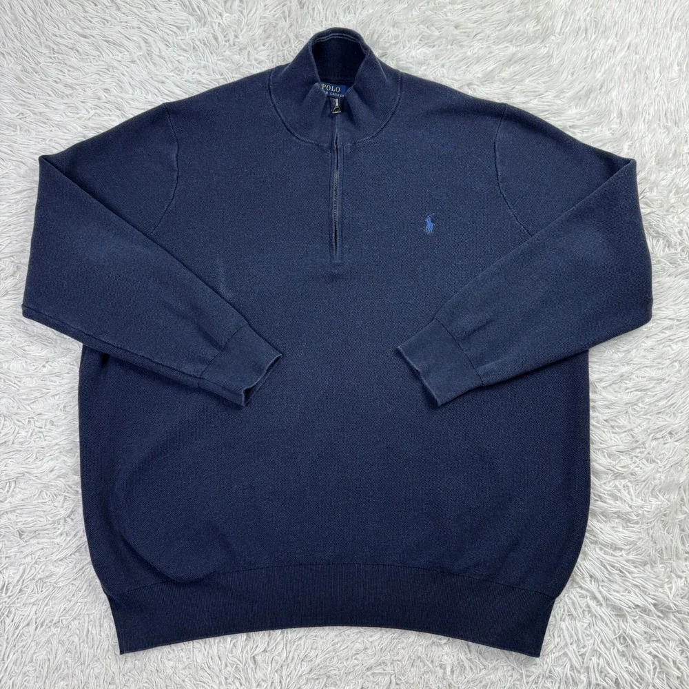 Polo Ralph Lauren Sweater Mens 3XLT Blue 1/4 Zip Mock Neck‎ 100% Cotton Casual